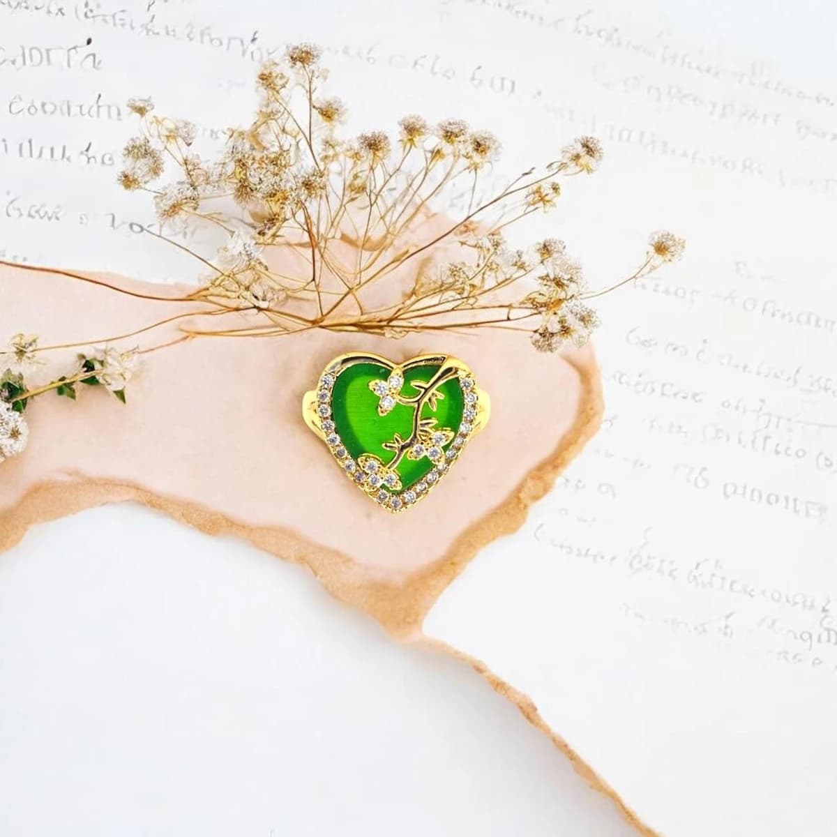 Elegant Heart-Shaped Gold-Plated Ring for Women – Free Size Adjustable Fashion Jewelry (Black, Green, Orange, Light Pink, Pink Accents)