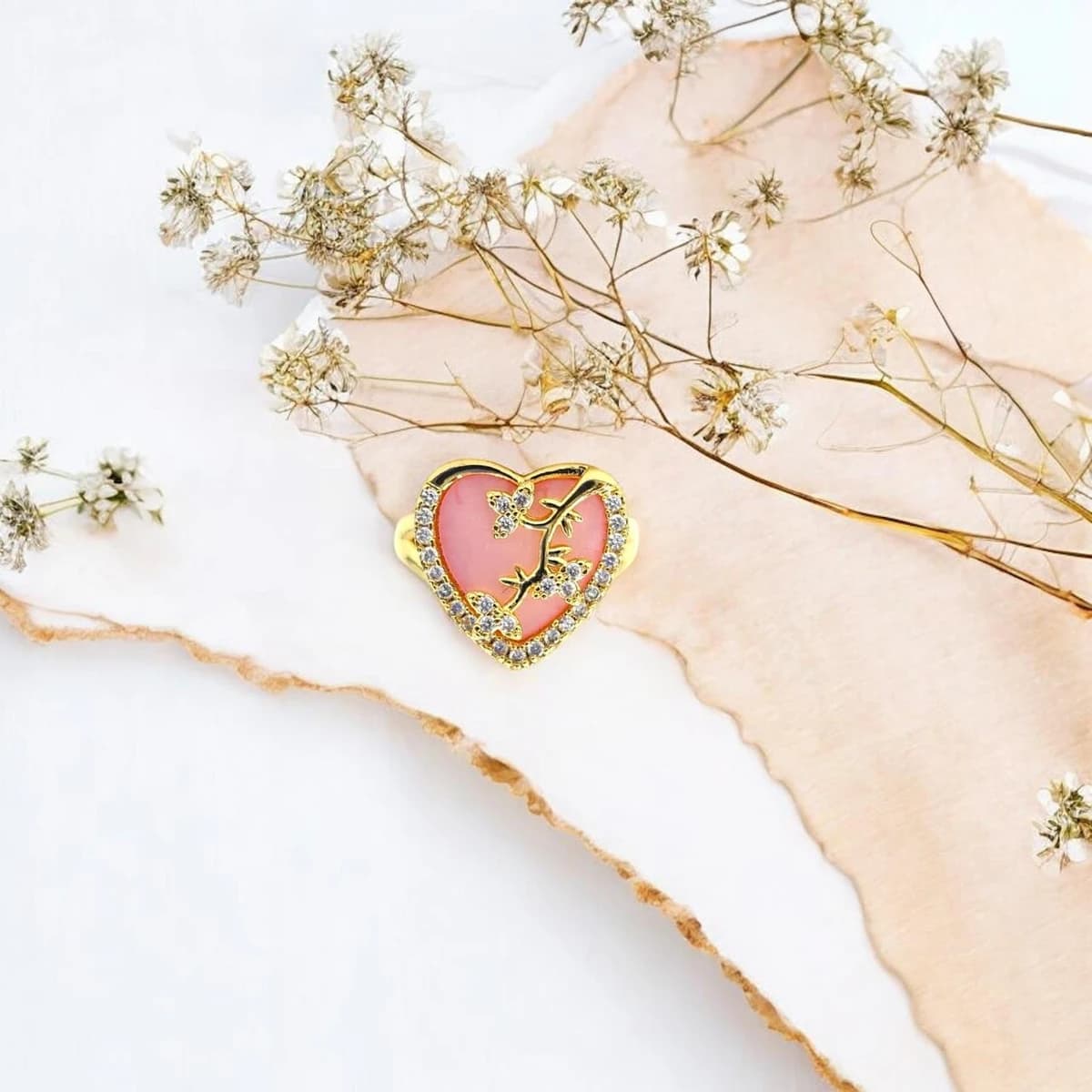 Elegant Heart-Shaped Gold-Plated Ring for Women – Free Size Adjustable Fashion Jewelry (Black, Green, Orange, Light Pink, Pink Accents)