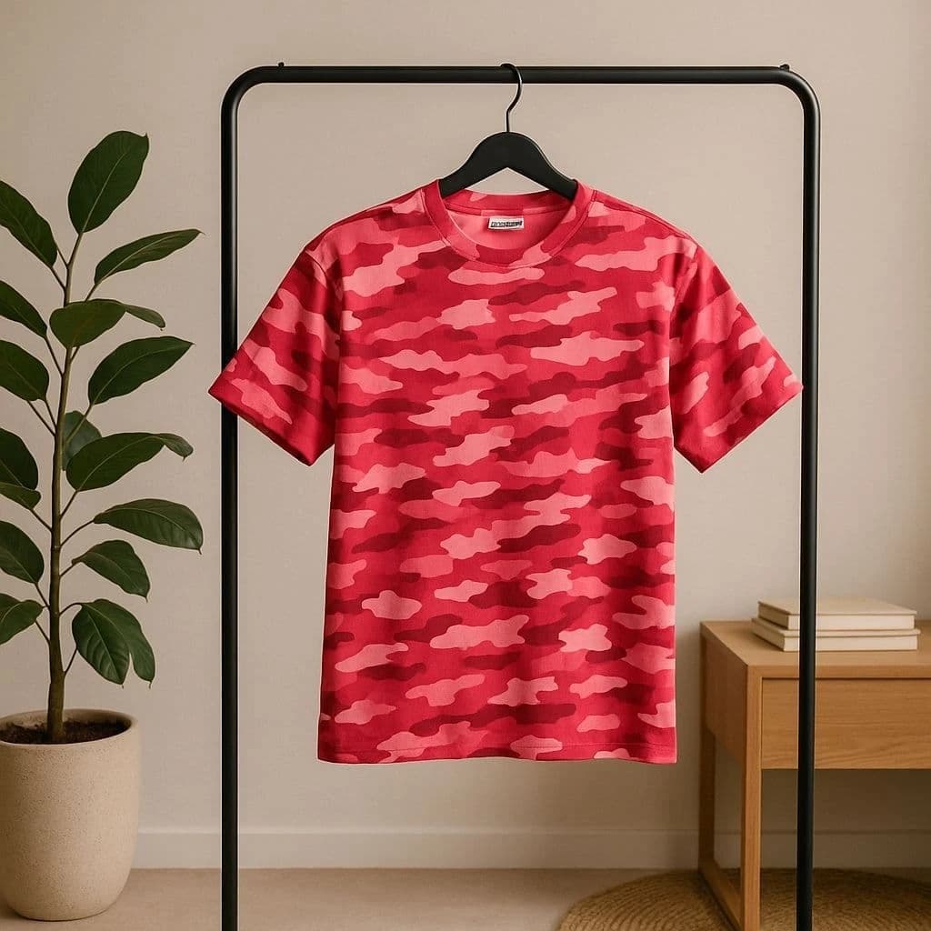 Men’s Red Camo Print T-Shirt – Trendy Cotton Streetwear Tee with Bold All-Over Camouflage Pattern, Breathable Fabric, Stylish Fit, Ideal for Casual Outings, Travel, Lounge, and Summer Wear