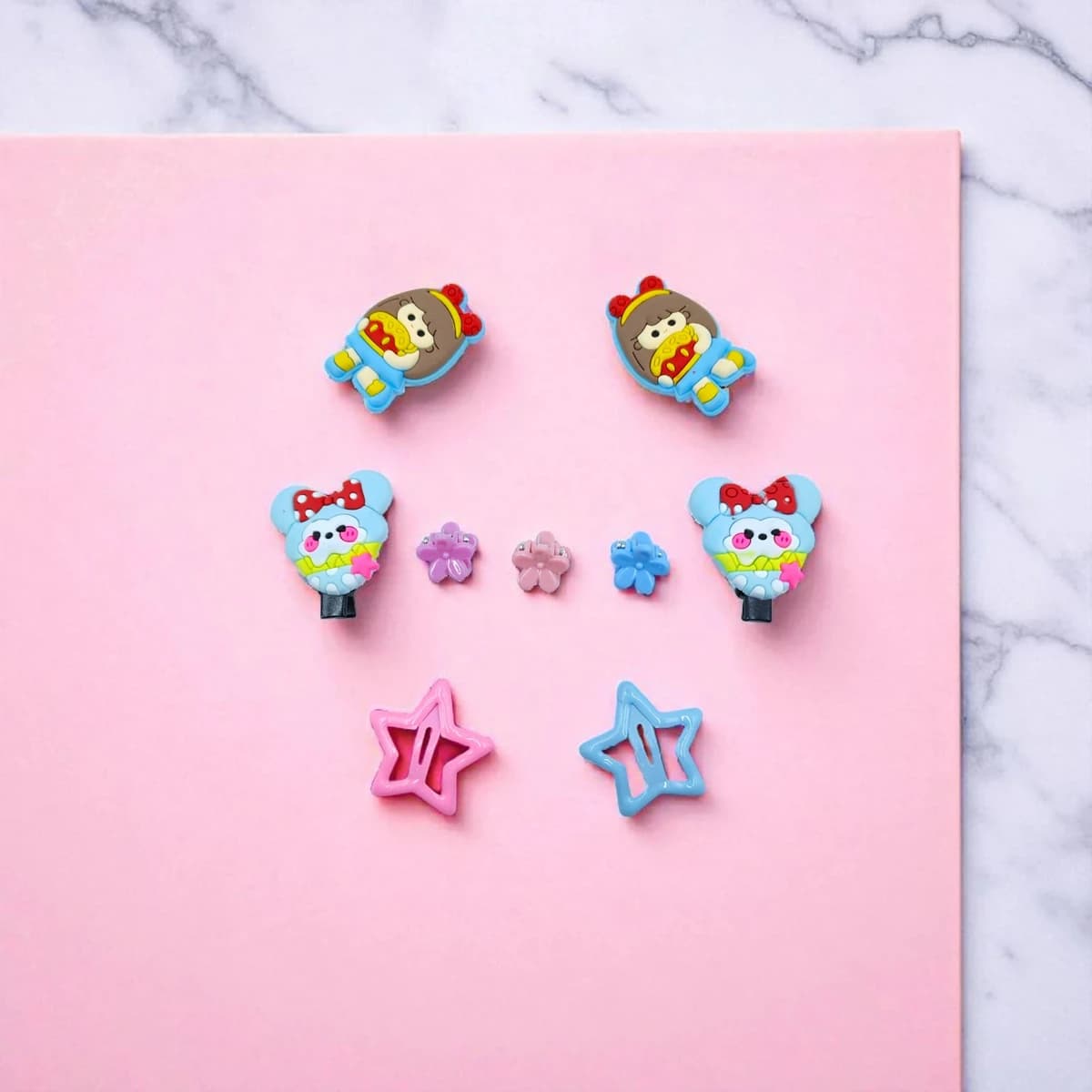 Colorful cartoon-themed hair clip set for kids featuring flowers, stars, and playful characters—perfect for school, parties, and everyday styling with lightweight, safe materials designed for all-day wear.